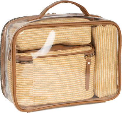 Women's Straw Texture 4 Piece Clear Cosmetic Bag Set