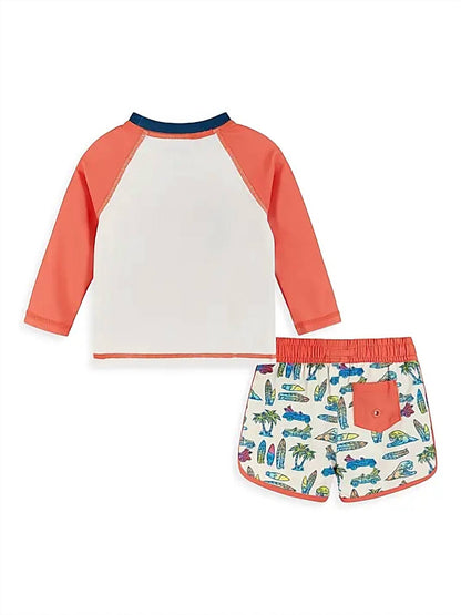 Boy's Surf Print Rashguard And Swim Trunks Set