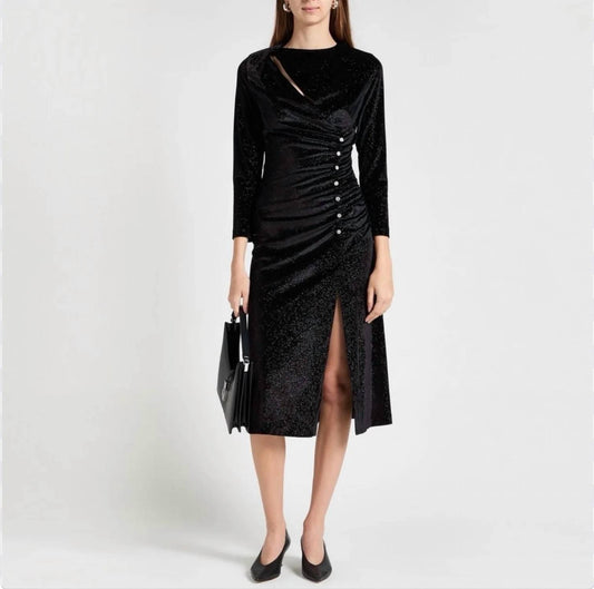 Crystal-embellished Ruched Velvet Midi Dress