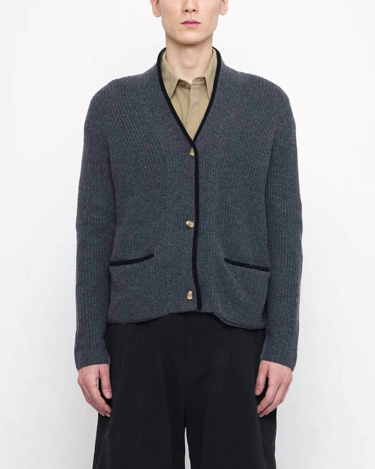 7115 by SZEKI - V-neck Pockets Trimmed Cardigan - Rack Hunt