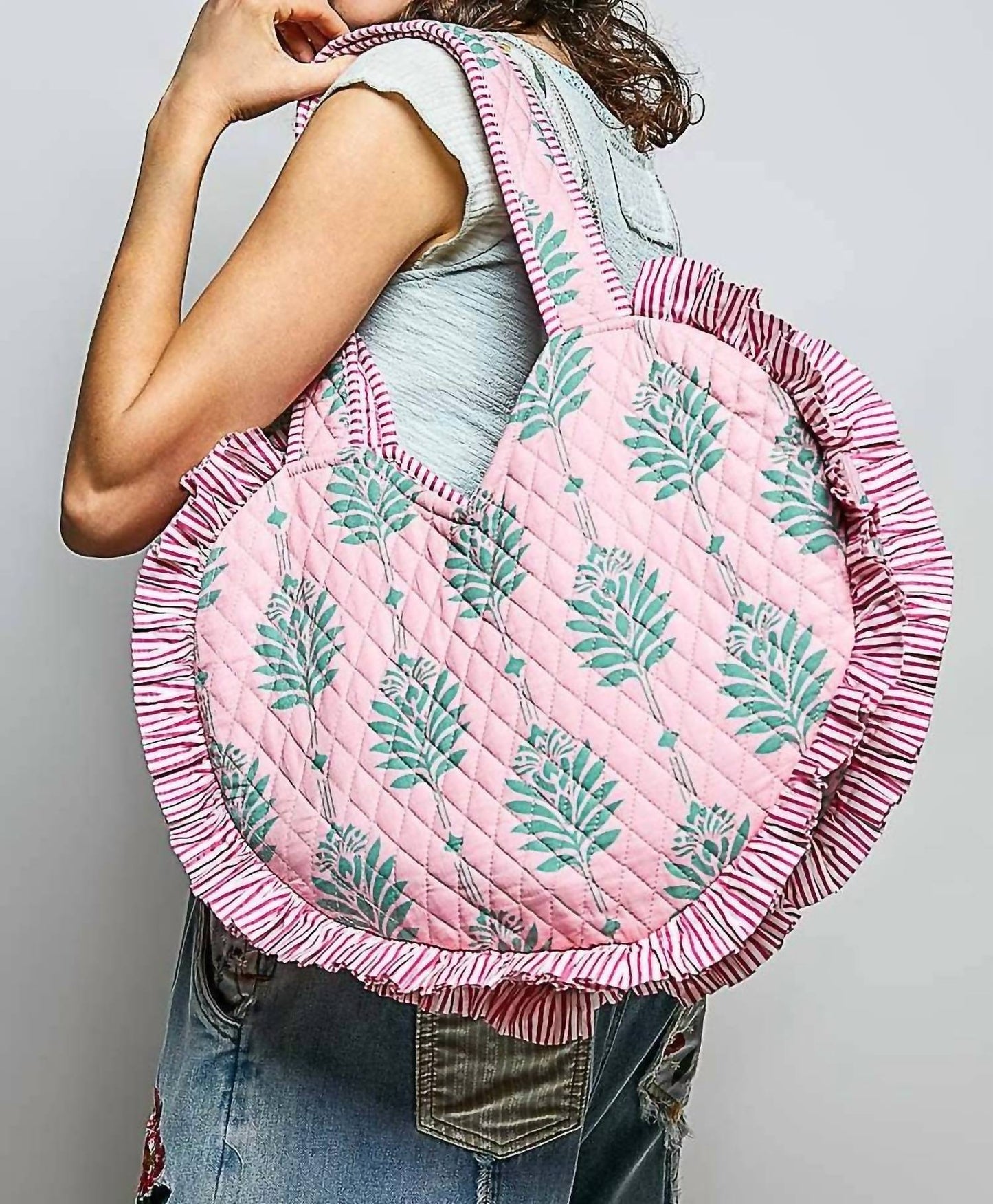 Heart Shaped Ruffle Edge Quilted Tote Bag
