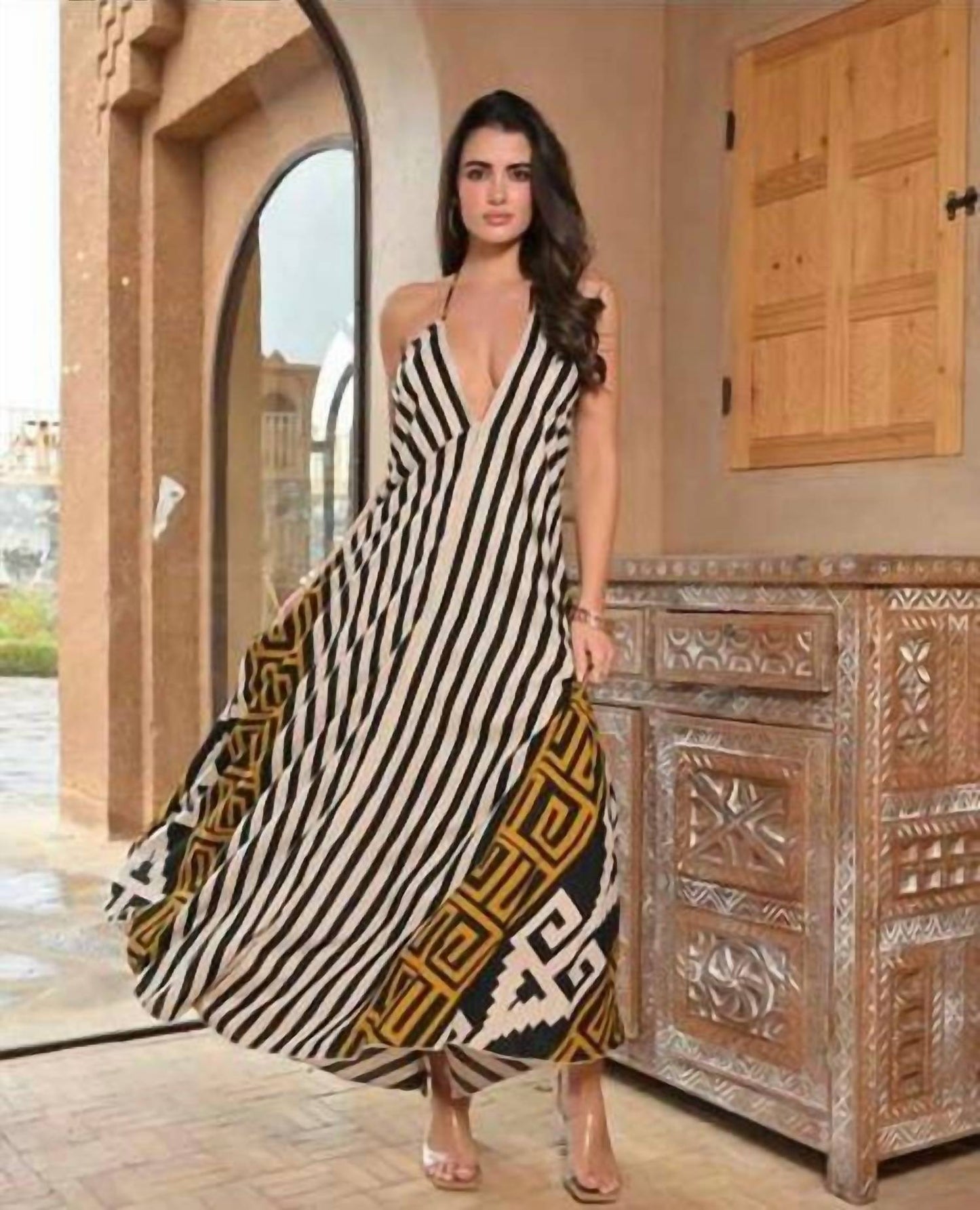 Levane V-neck Geometric Print Maxi Dress