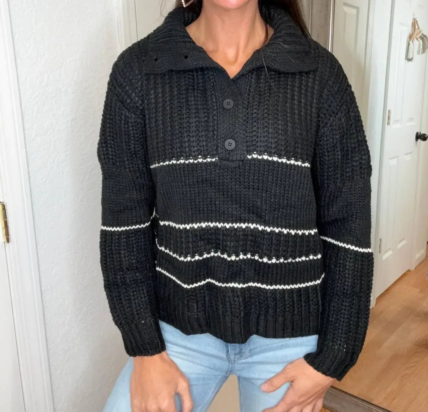 Cozy - Bella Collared Striped Sweater Top - Rack Hunt