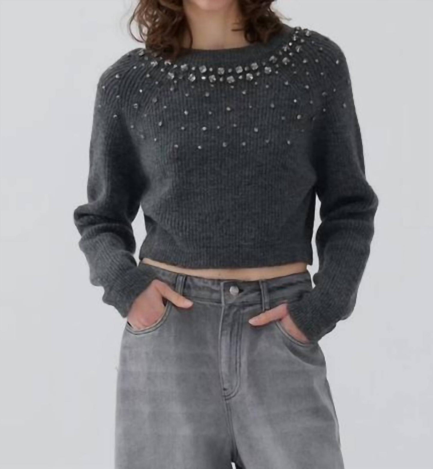 Stone Embellished Crop Sweater