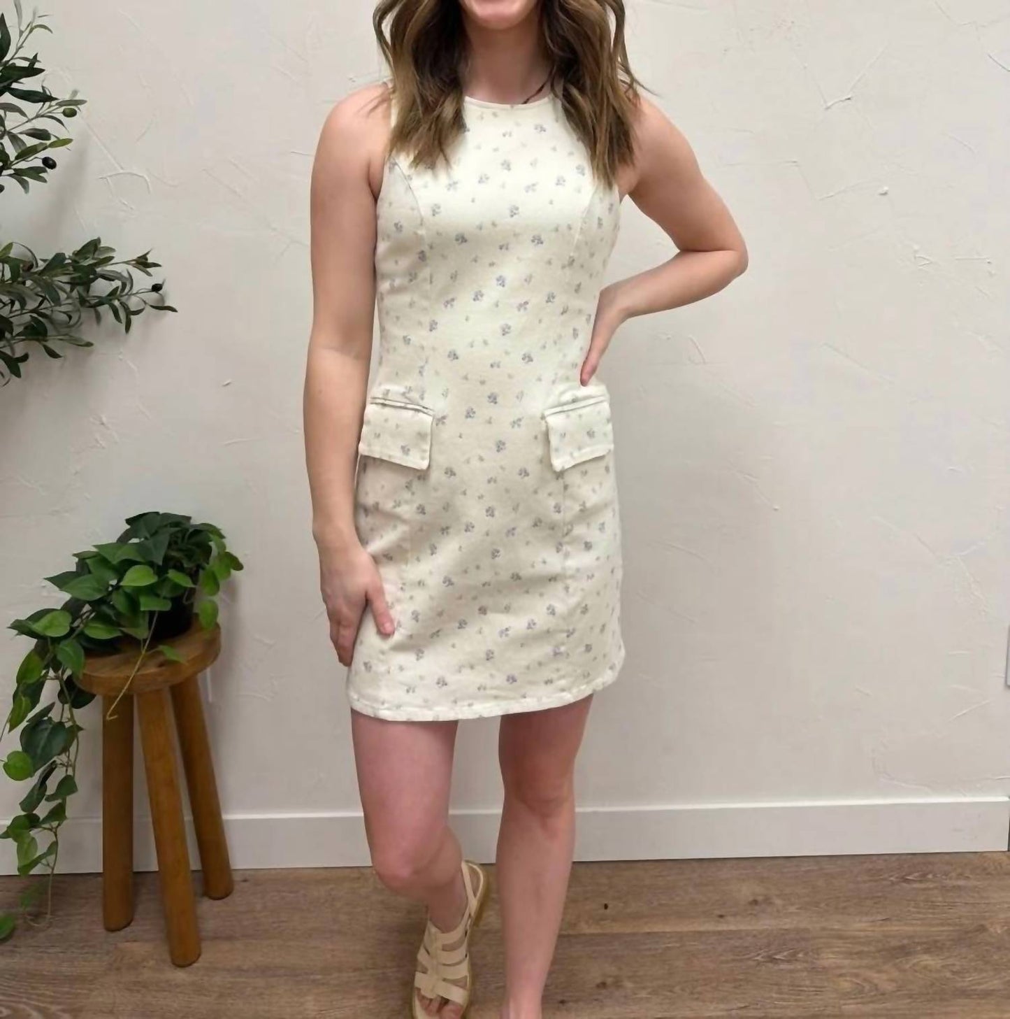 Boat Neck Sleeveless Ditsy Print Twill Mini Dress