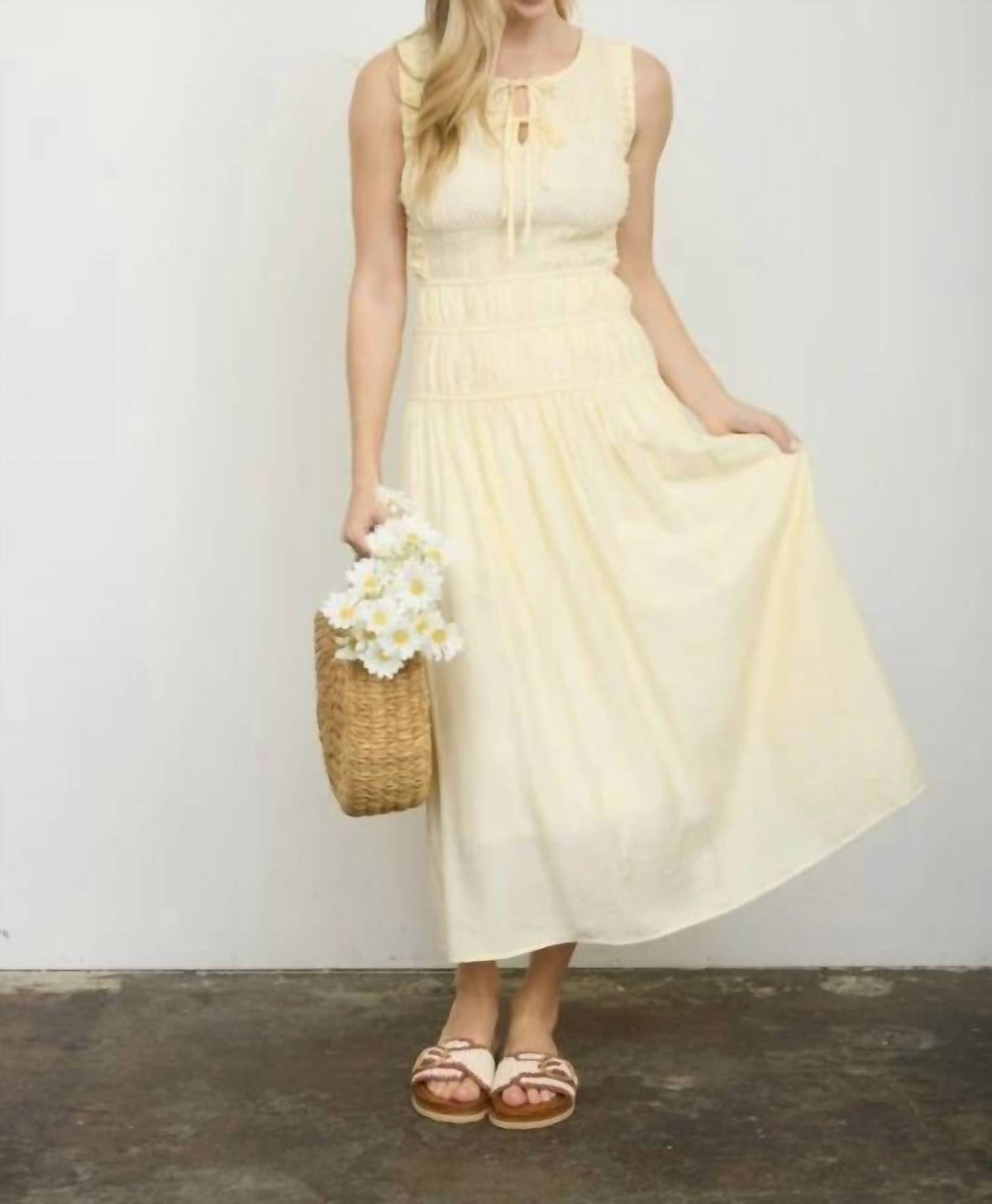 Front Tie Smocked Sleeveless Shirred Midi Dress