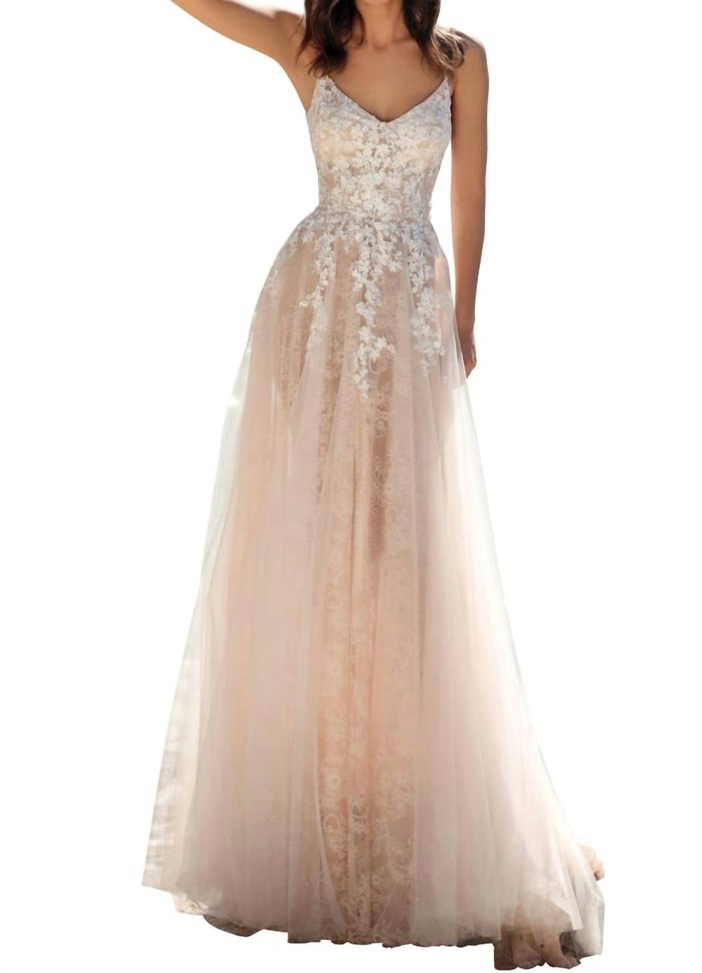 V-neckline Floral Lace Applique Maxi Party Dress