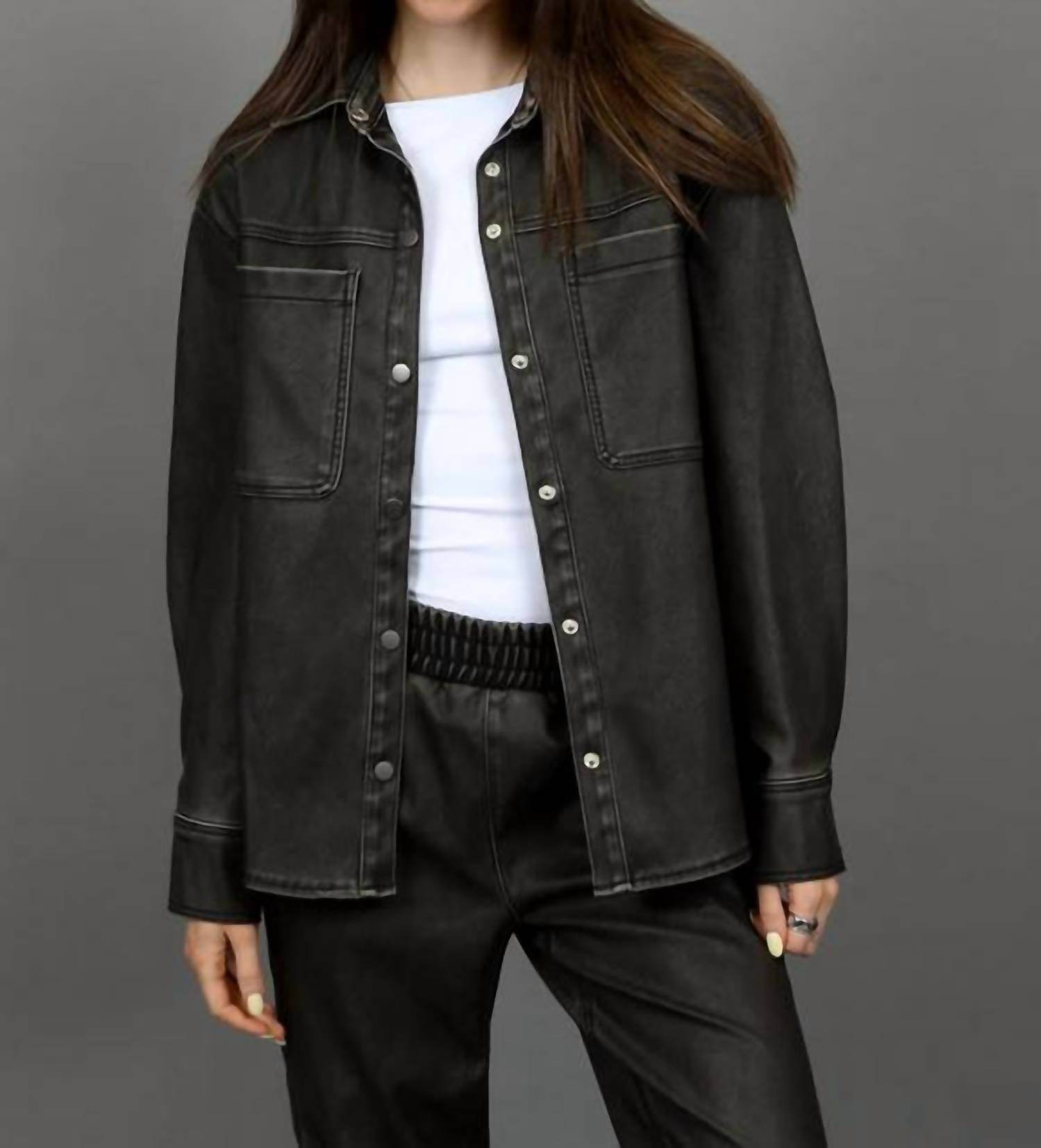 RD International - Aliska Distressed Faux Leather Snap Front Shirt - Rack Hunt -