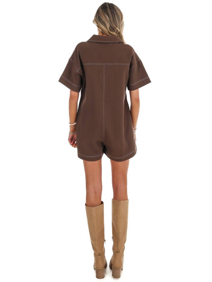 Contrast Stitch Twill Romper