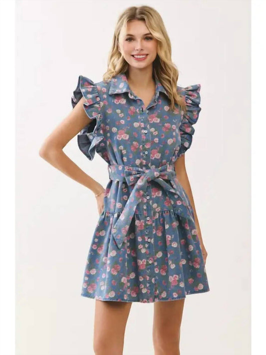 Floral Denim Ruffle Dress