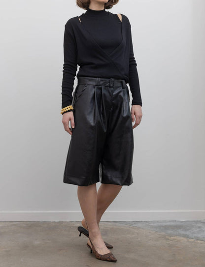 Vegan Leather Belted Bermuda Shorts