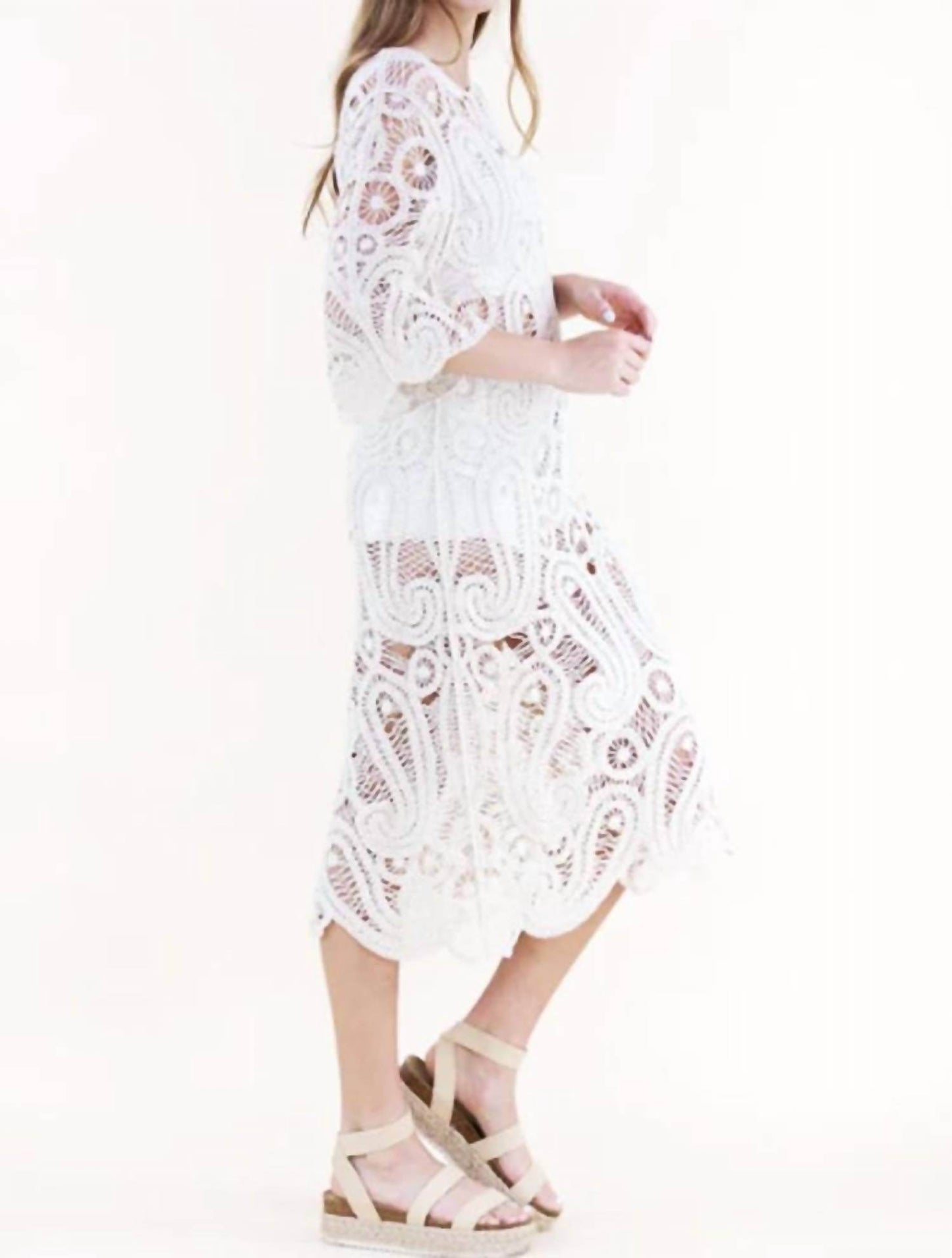 Original USA - Cotton Boho Paisley Boat Neck Crochet Midi Dress - Rack Hunt -