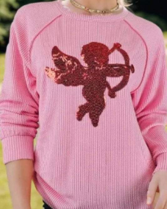 Puff Sleeve Solid Top With Cupid Sequins