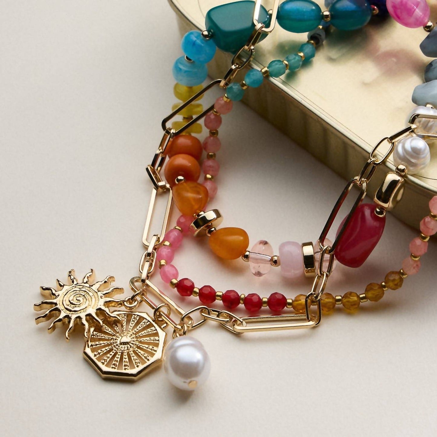 Women's Sun Charm Layered Beaded Necklace