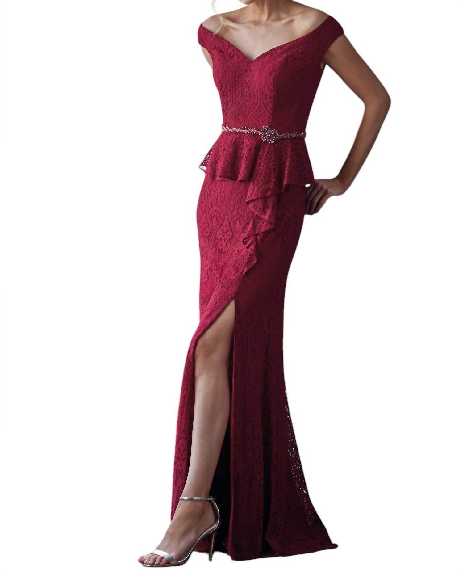 Jade Couture - Lace MOB Dress with Peplum & Portrait Neckline - Rack Hunt