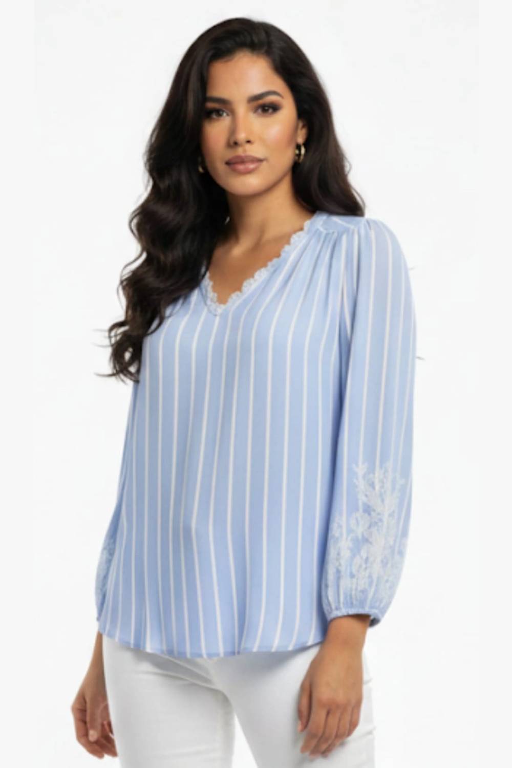 Striped Embroidered V-neck Blouse