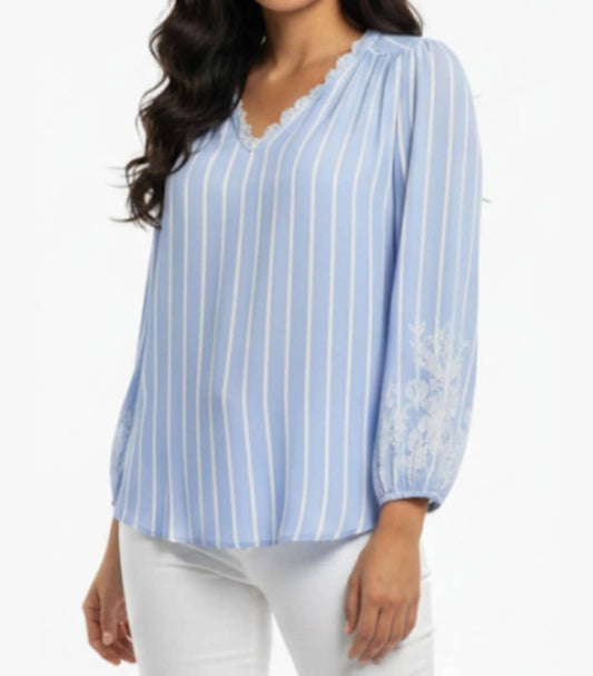 Striped Embroidered V-neck Blouse