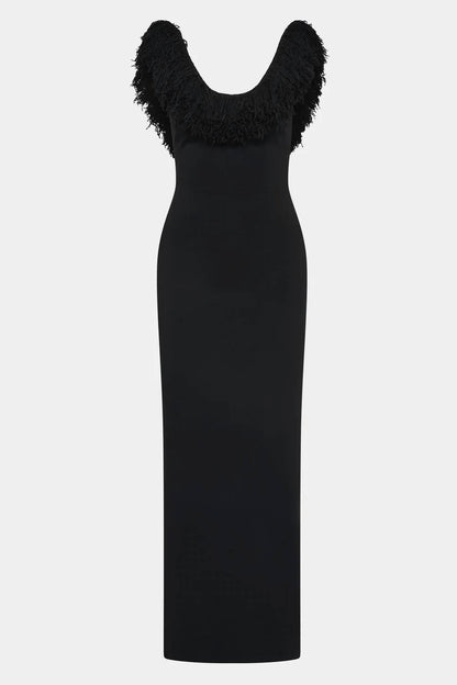 MARCELLINE FRINGE SCOOP BACK GOWN