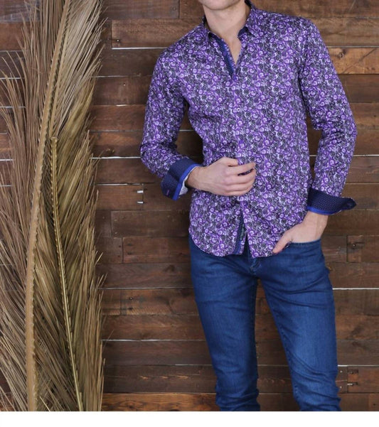 Long Sleeve Button Down Paisley Print Shirt With Trim