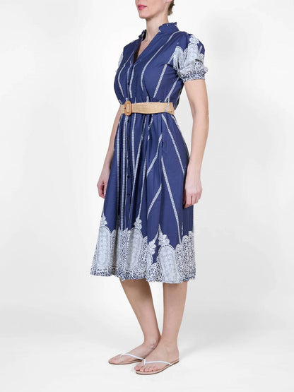 Novelty Border Print Button Front Belted Dress
