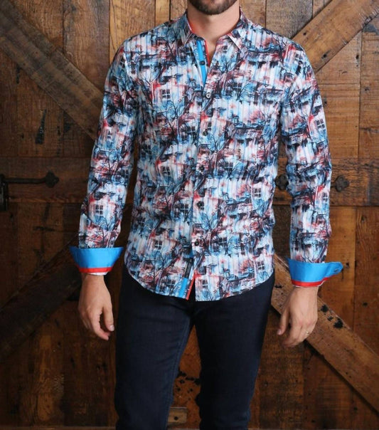 Scenery Print Button Down Shirt With Trim