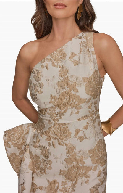 One Shoulder Cascading Ruffle Metallic Floral Gown