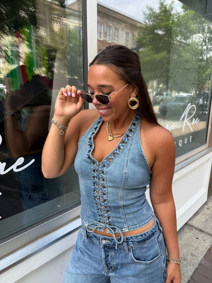 Lace Up Denim Halter Top