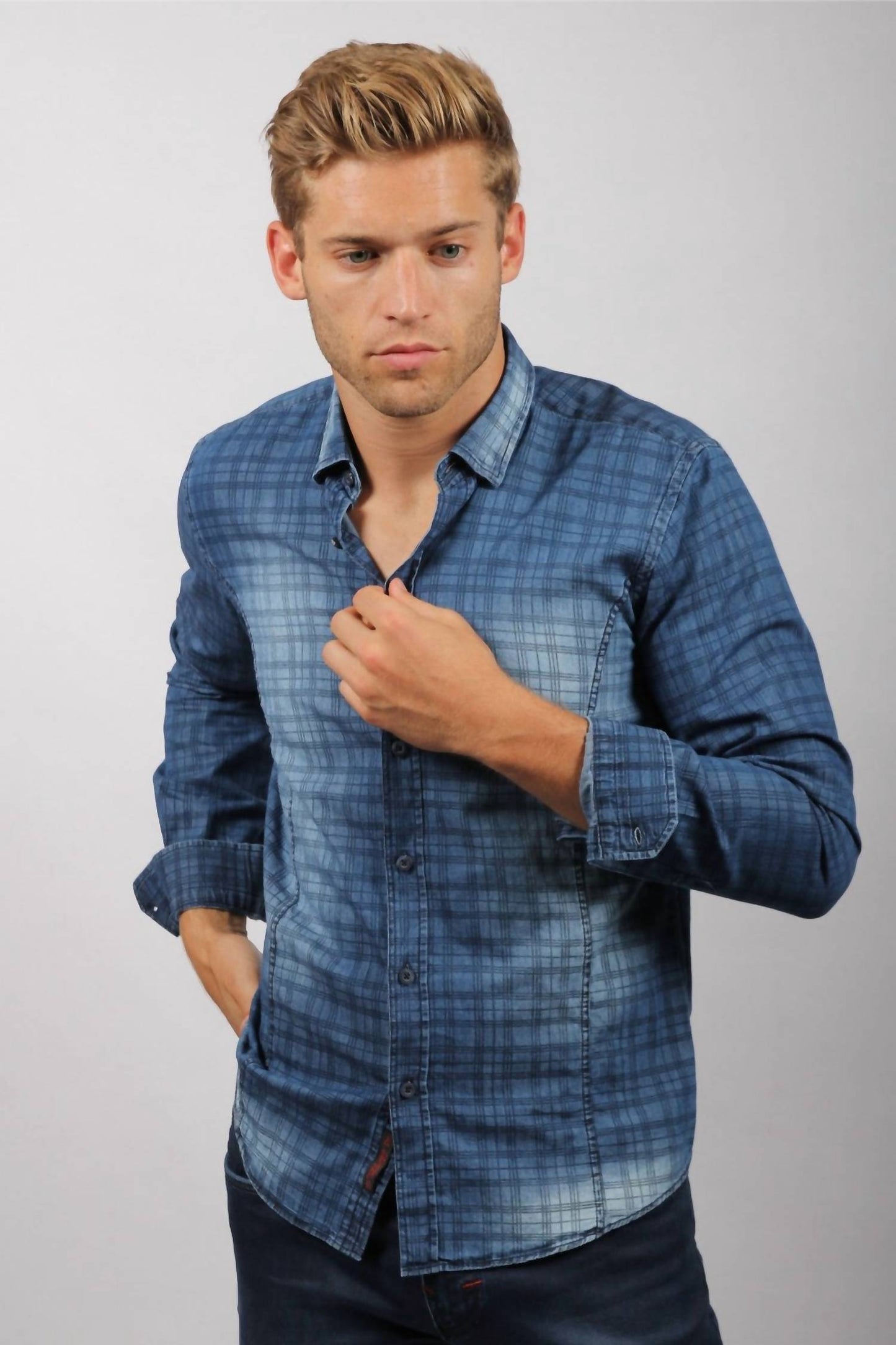 Checkered Stone Wash Button Down Denim Shirt