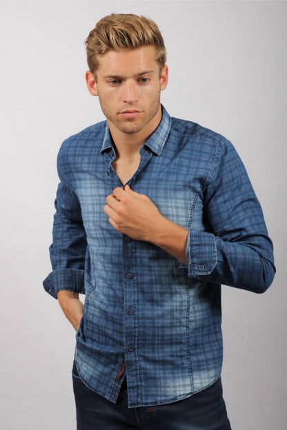 Checkered Stone Wash Button Down Denim Shirt