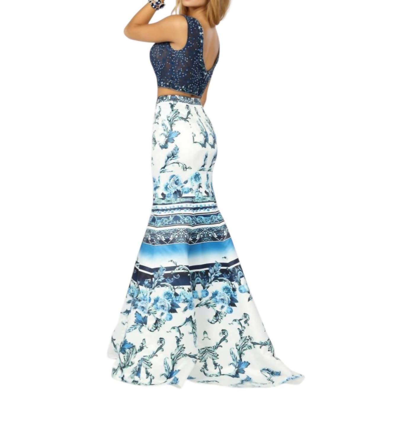 Two-piece Beaded Tulle And Printed Matte Satin Gown