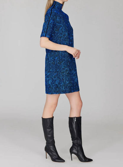 Paisley Stretch Jacquard Turtleneck Shift Dress