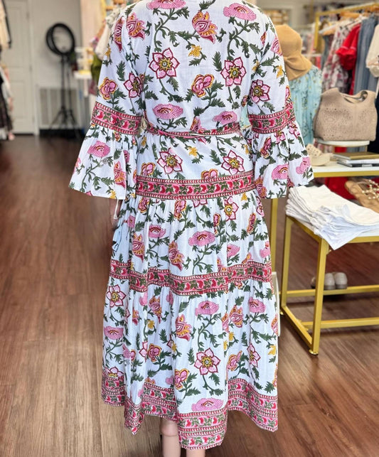 Women's Chinoiserie Bell Sleeve Belted Maxi Dress