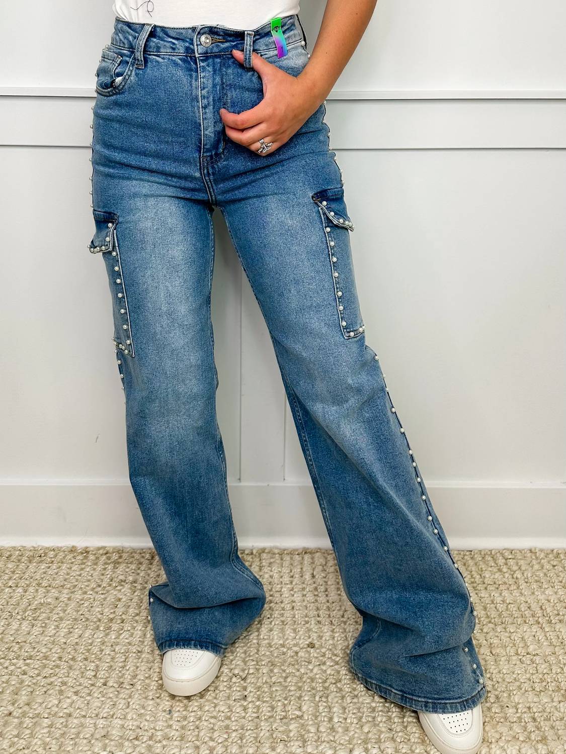 Lauren High-rise Wide Leg Pearl Cargo Jeans