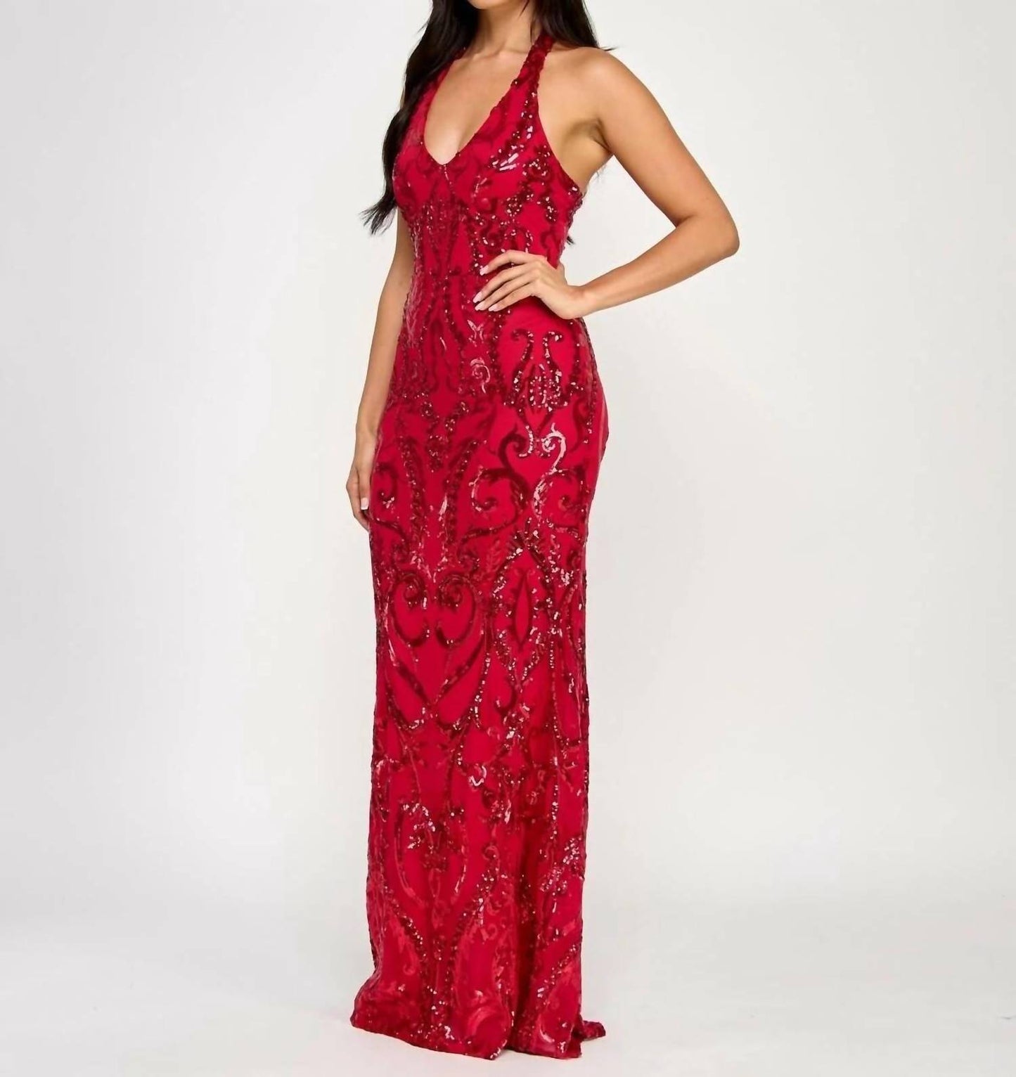 Juniors' Sequined Halter-neck Evening Gown