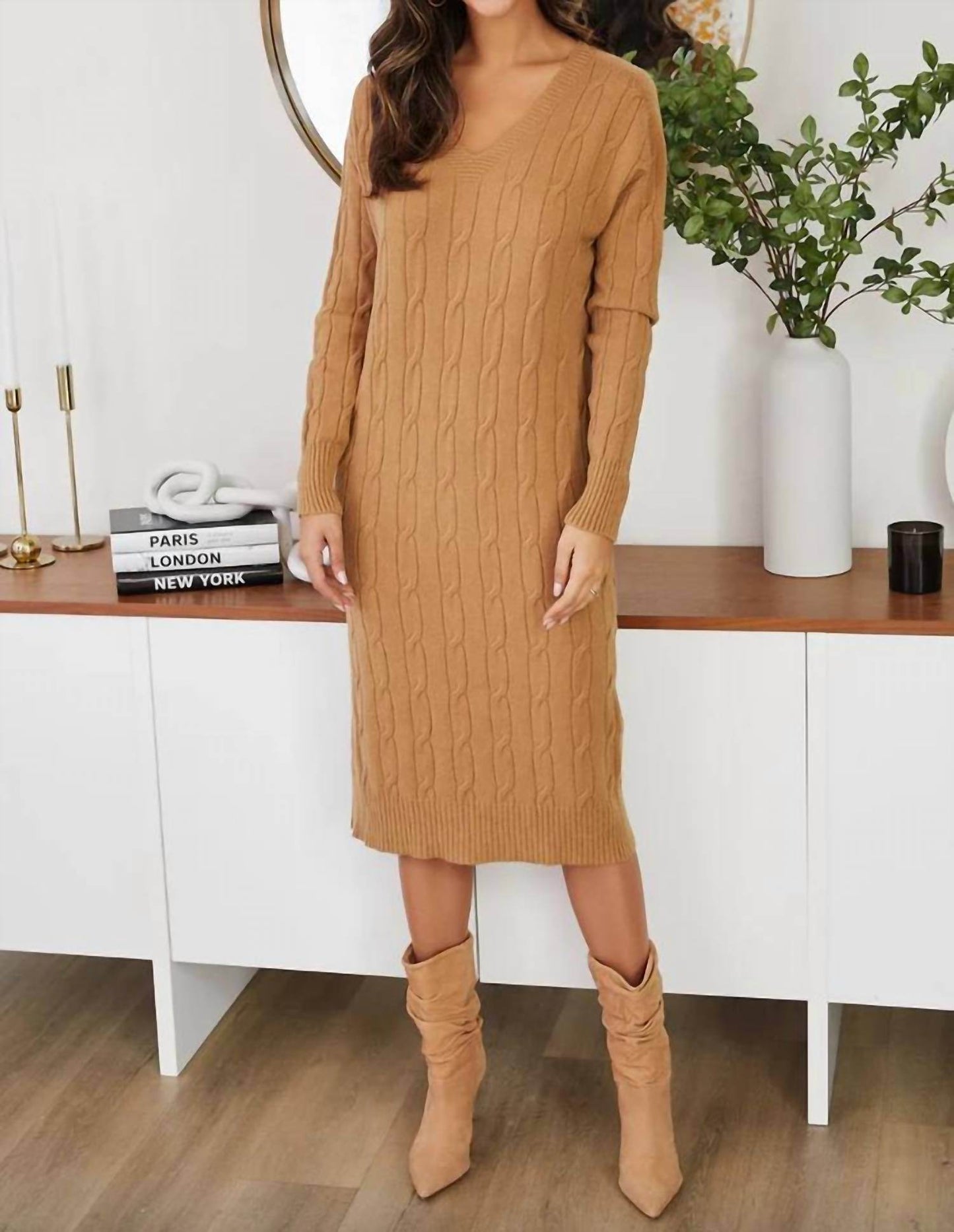 BE FIT SA - V Neck Cable Knit Sweater Dress - Rack Hunt