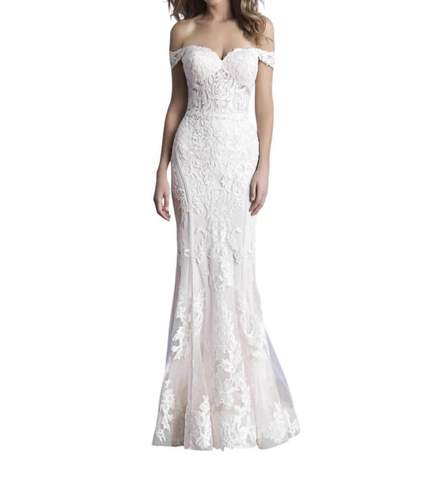 Allure Bridals - Off-Shoulder Sheath Lace Wedding Dress - Rack Hunt