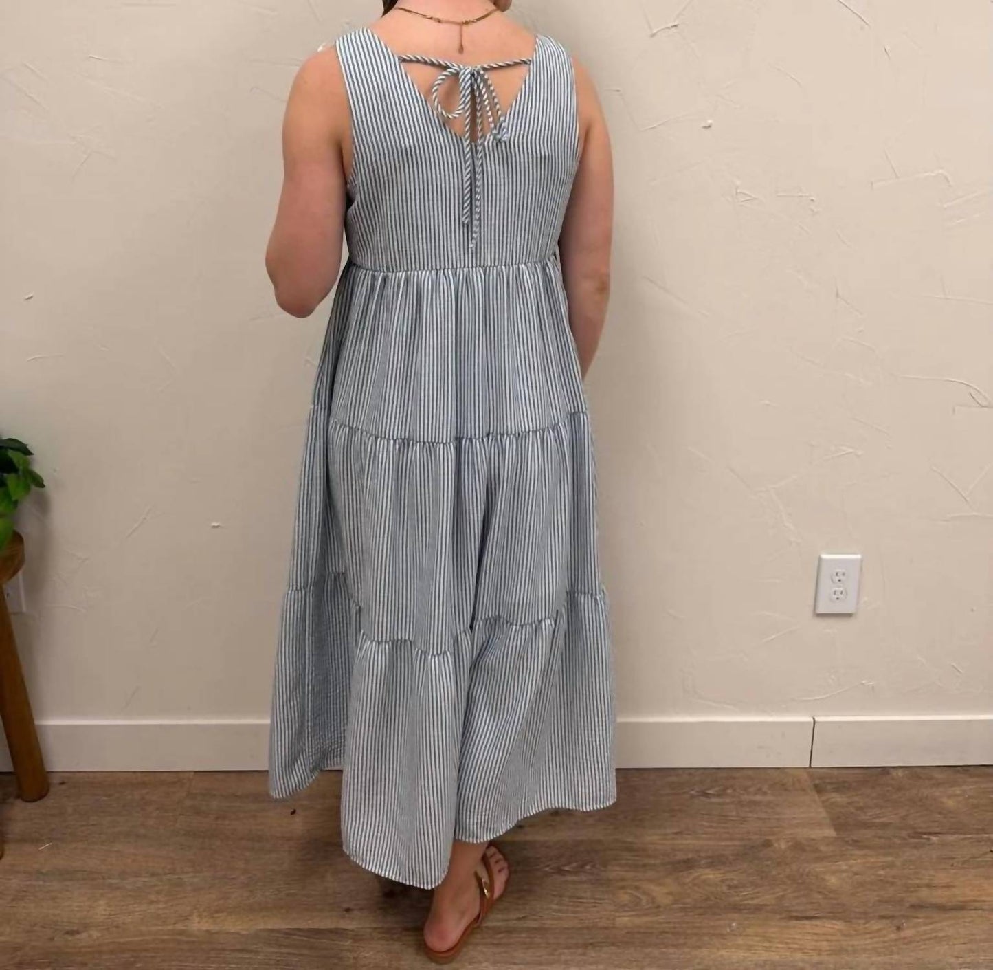 V-neck Sleeveless Tiered Stripe Midi Dress