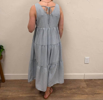 V-neck Sleeveless Tiered Stripe Midi Dress