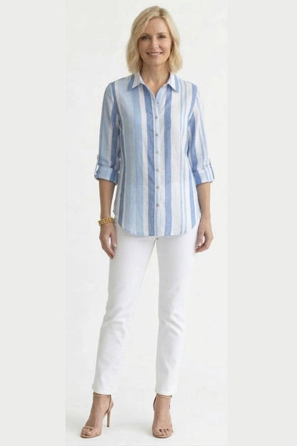 Multi-tone Striped Roll-tab Blouse