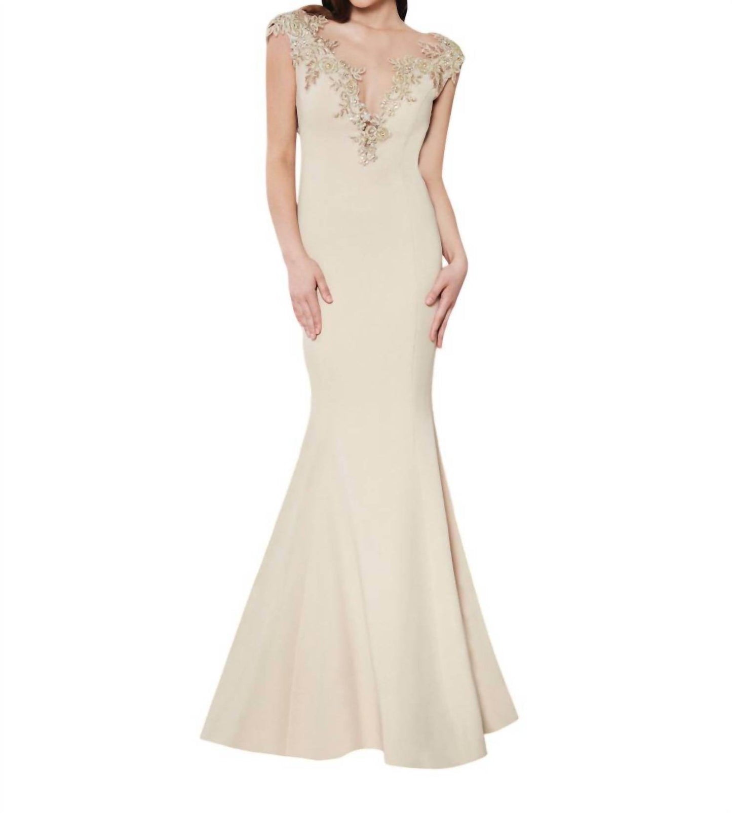 Saboroma - Floral Applique Illusion Plunging Mermaid Gown - Rack Hunt -