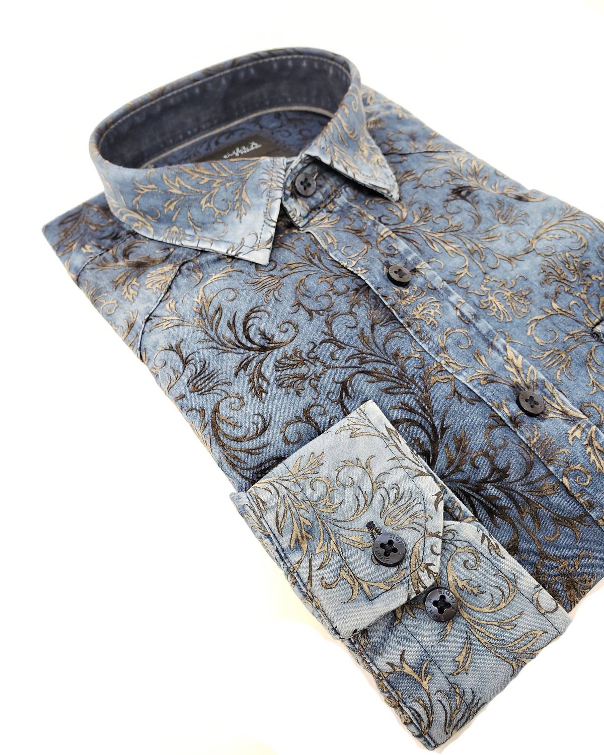 Men's Distressed Denim Flocking Button Down Shirt