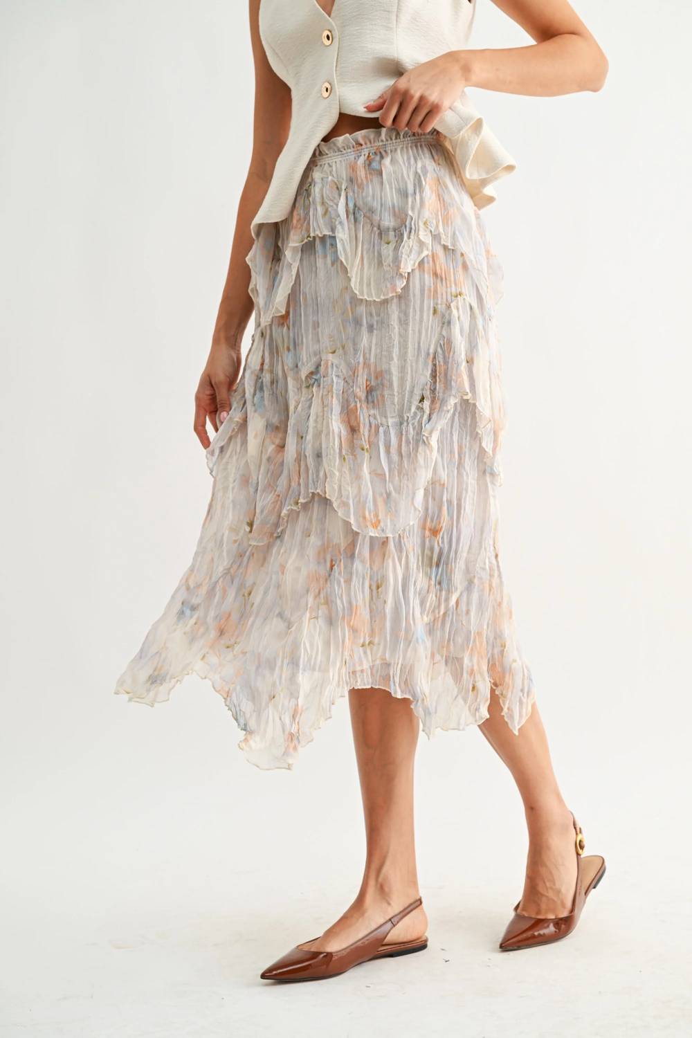 Layered Midi Skirt With Watercolor Floral Print
