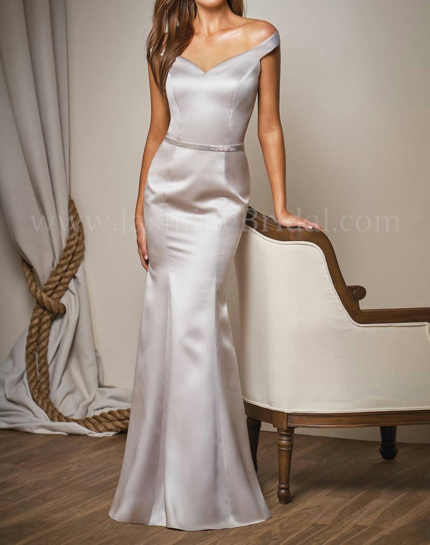 Belsoie Off-The-Shoulder Satin Gown with Belt