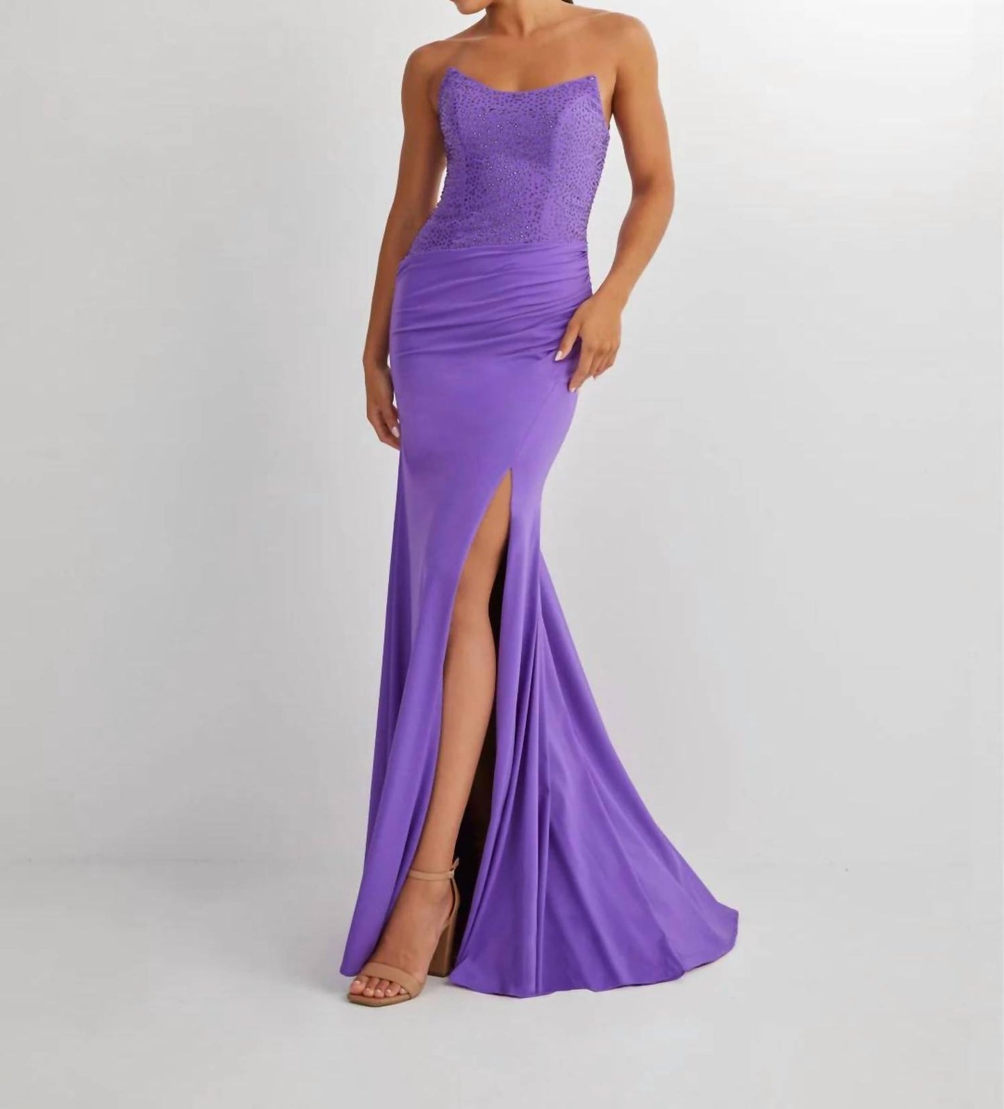 Beaded Spandex Strapless Slit Gown