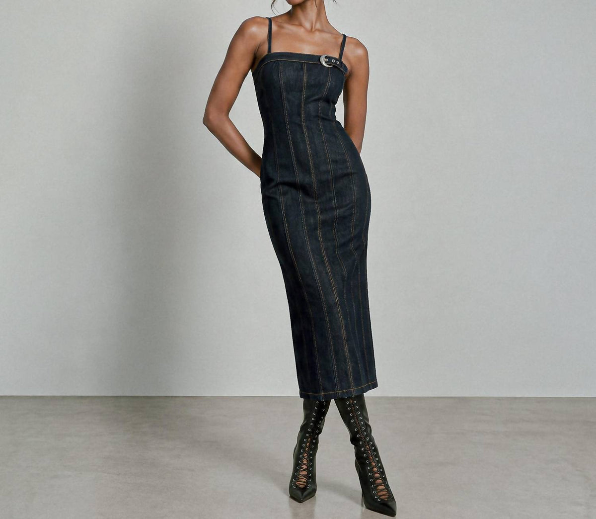 Denim Buckle Midi Dress
