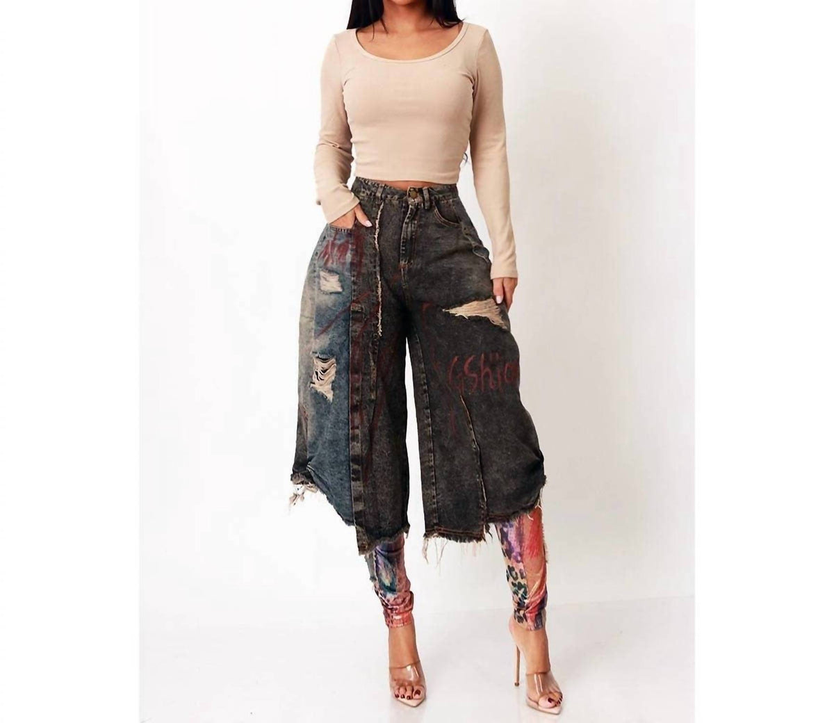Distressed Denim Baggy Jean With Mesh Leggings