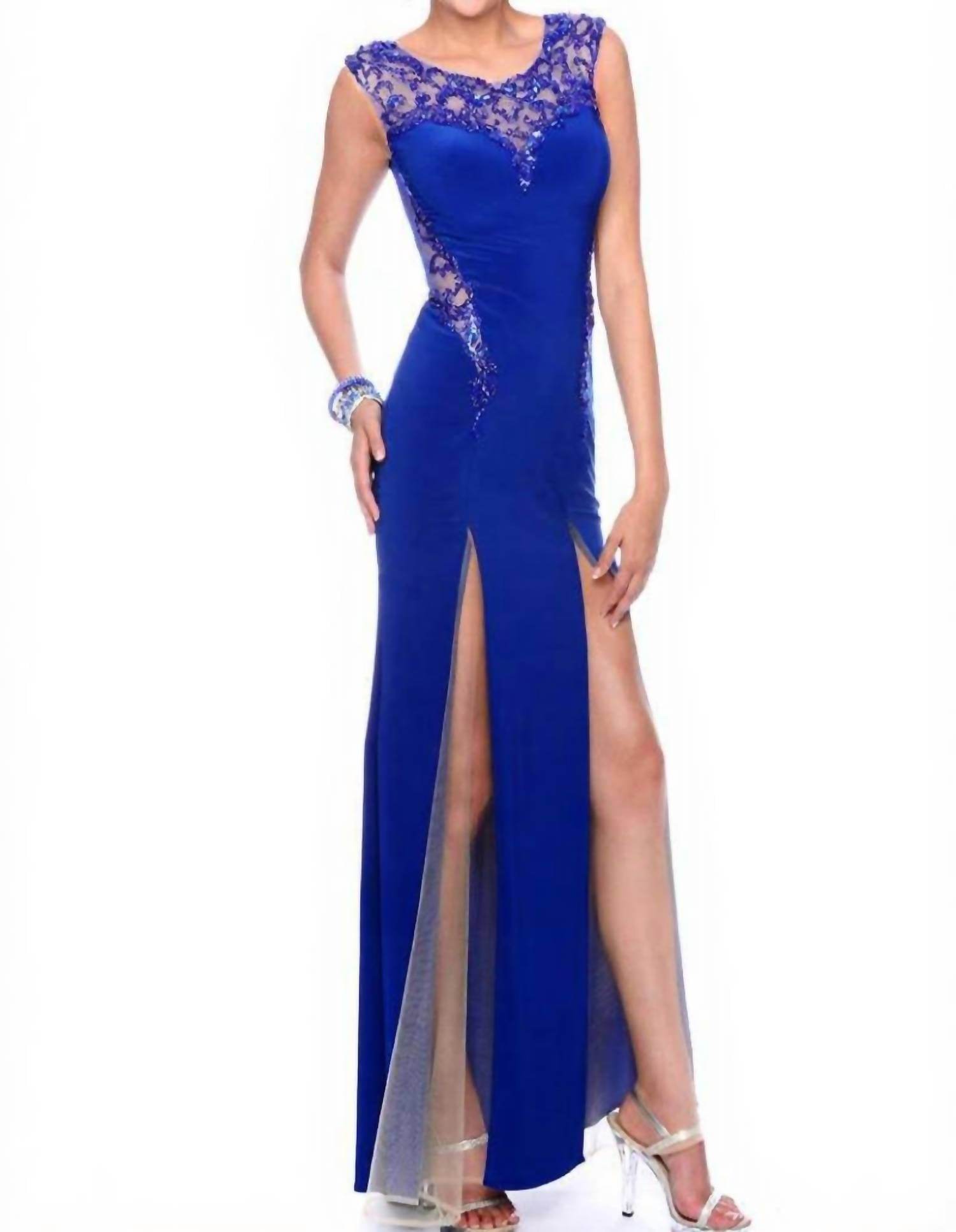 Precious Formals - Sheer-paneled Evening Gown With Walking Slits - Rack Hunt -