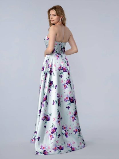 Long Formal A Line Floral Print Prom Dress