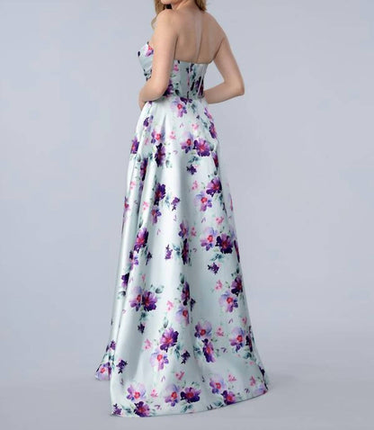 Long Formal A Line Floral Print Prom Dress