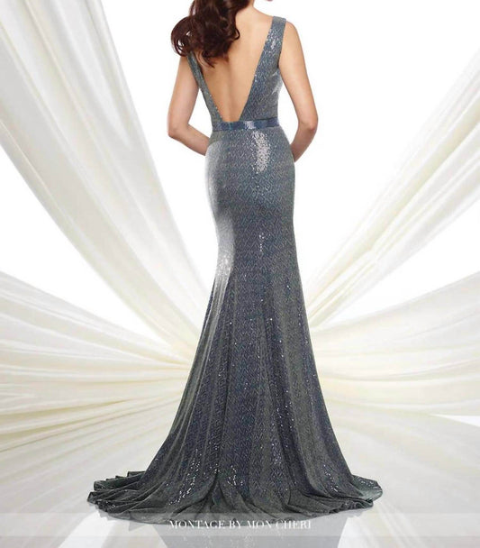 Social Occasions by Mon Cheri - Illusion Deep V-Neck Slate Sequin Floor Length Gown - Rack Hunt -